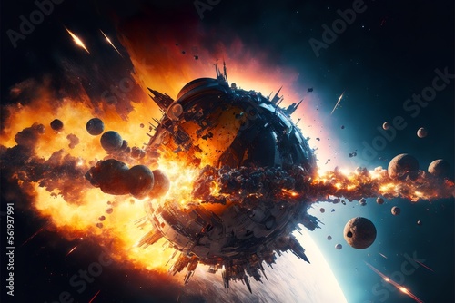 Sphere-like space structure exploding and shattering completely 