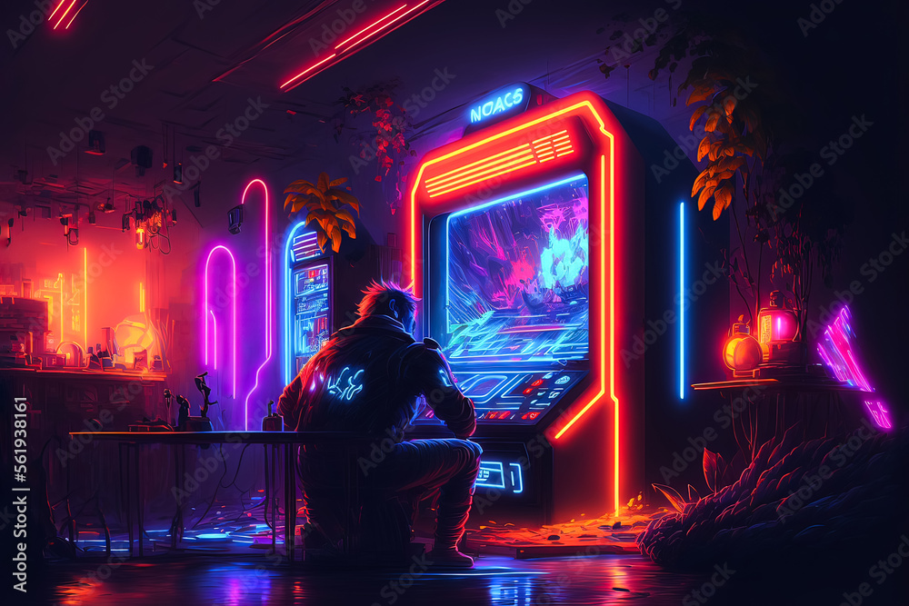 Unique wallpaper is the gamer of the future. Awesome picture of the arcade  machine with neon lights and bright effects. Future of gaming concept.  Generative AI Stock Illustration