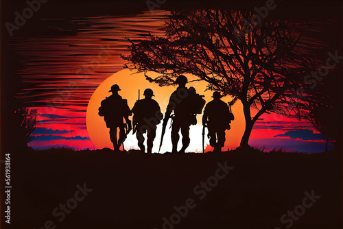 Military  Army  Marines  Navy  Air Force  Veterans. Soldiers at sunset silhouettes computer image with no reference photos used. Generative AI
