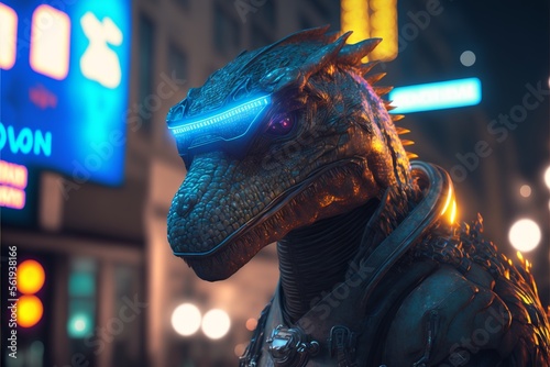 Fotografiet Biopunk anthropomorphic reptilian cyber soldier with a elongated blue visor star