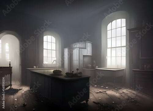 Dark atmospheric illustration of an empty abandoned kitchen in an old house with light though the windows casting deep shadows on wooden floorboards and old appliances. generative ai illustration.