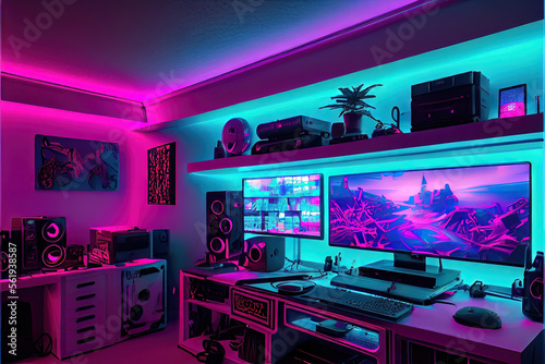 computer-generated image of interior of a colorful streaming studio. Computer technology and AV setup for professional streaming and gaming. Generative AI