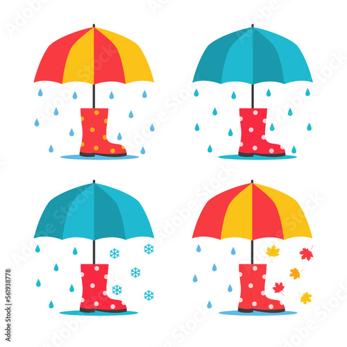 Rubber boots with an umbrella. Concept for different weather, seasons. Vector, illustration