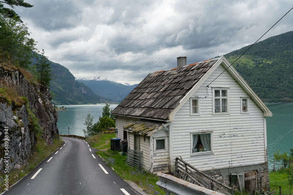 Blick über den Lustrafjord zum Jostedalsbreen, Norwegen
