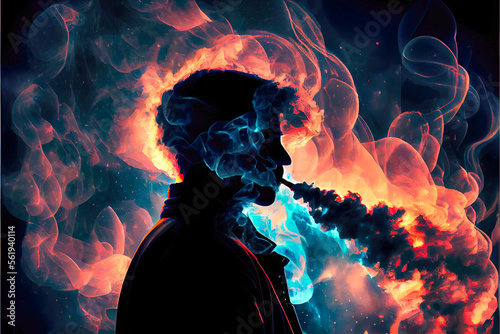 silhouette of person smoking - blowing smoke in the shadows, conceptual design by generative AI  photo