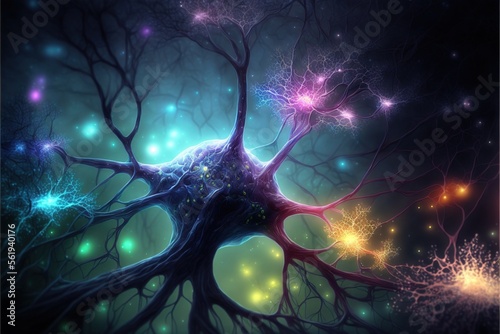  a tree with many branches and colorful lights in the background of the image is a night sky with stars and a glowing light in the center of the tree is a blue, with many., generative ai