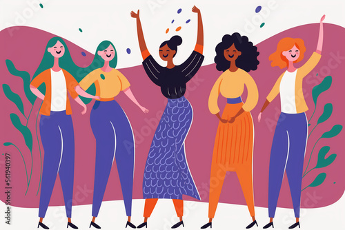 Diverse group of women and twins celebrating, partying. Office party celebrating diversity. Flat vector illustration, generative art.