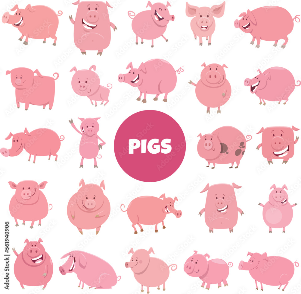 cartoon funny pigs farm animal characters big set