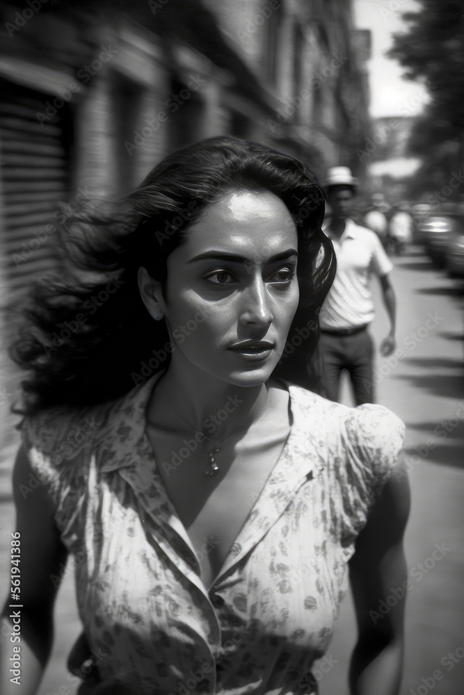 young woman walking in Mexico City in 1960. monochromatic vintage. This image was created with generative AI young woman walking in Mexico City in 1960. monochromatic vintage. This image was created with generative AI