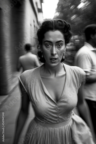 young woman walking in Mexico City in 1960. monochromatic vintage. This image was created with generative AI