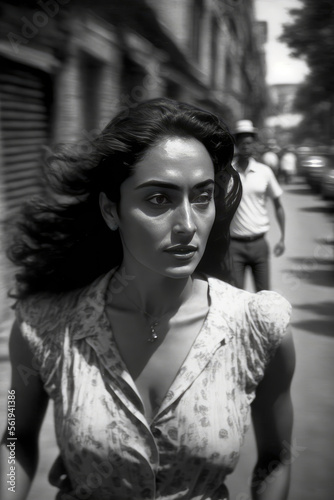 young woman walking in Mexico City in 1960. monochromatic vintage. This image was created with generative AI