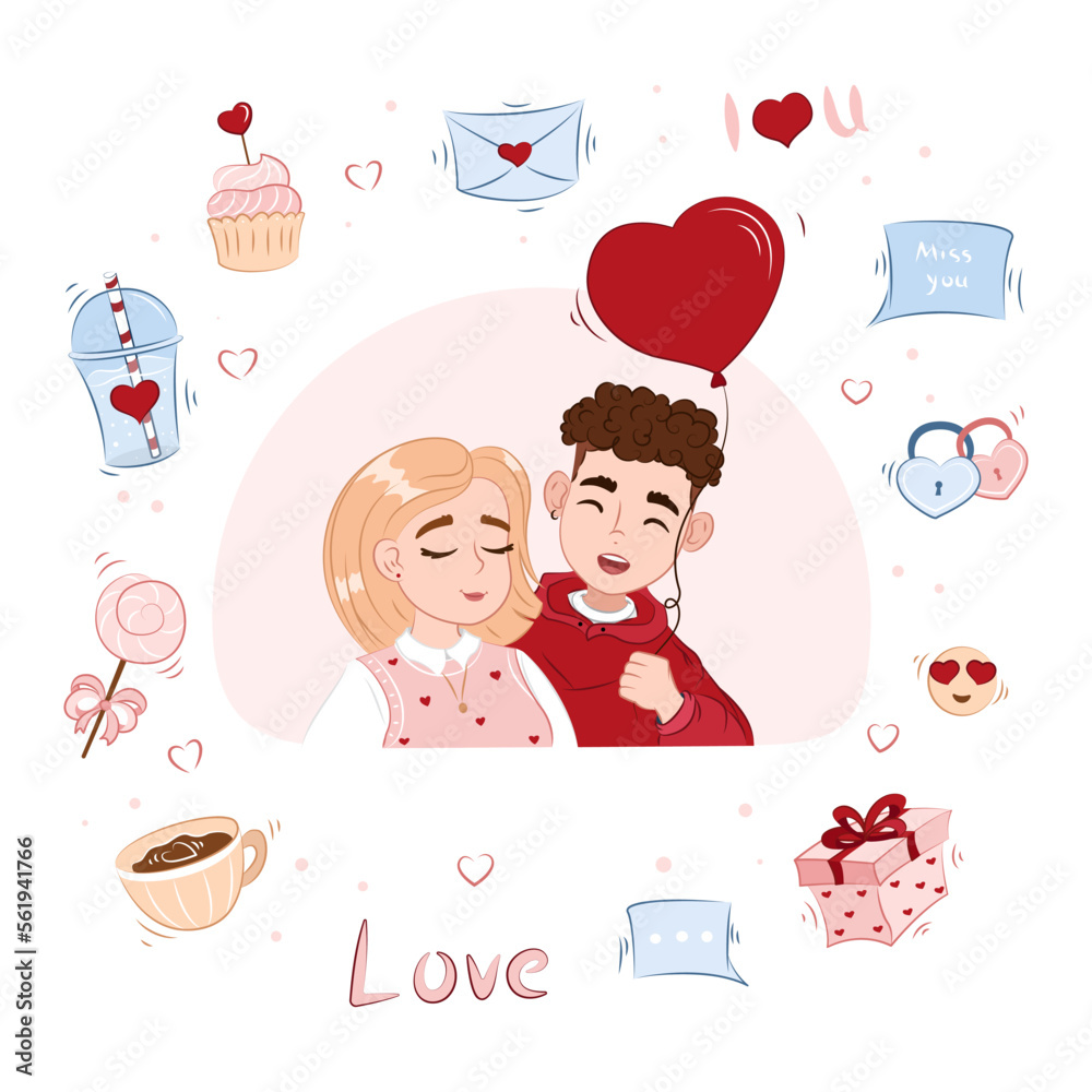 couple of young people in love, romantic illustration for valentine's day, set of elements for valentine's day couple of young people in love, romantic illustration for valentine's day, set of elements for valentine's day