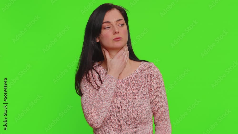Unhealthy pretty woman coughing covering mouth with hand, feeling sick, allergy or viral infection symptoms, coronavirus covid-19 pandemic. Young adult girl isolated alone on chroma key background Unhealthy pretty woman coughing covering mouth with hand, feeling sick, allergy or viral infection symptoms, coronavirus covid-19 pandemic. Young adult girl isolated alone on chroma key background