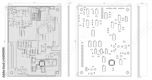 Tracing of conductors and assembly drawing of the printed circuit
board of an electronic device.
Vector drawing of printed tracks, transition holes, contact pads. Seats of radio components.