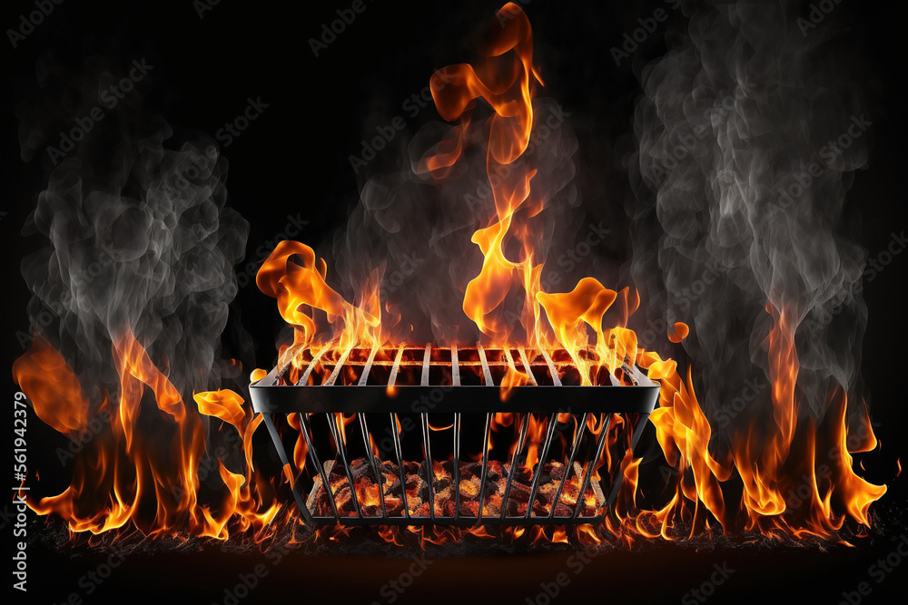 Illustrazione Stock Grill With Fire Isolated Against Black Background.  Isolated BBQ Flaming Charcoal Grill. Barbecue grill made of cast iron that  is hot and has brilliant flames. Wide Banner of an abstract