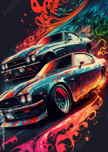 Two JDM cars speed racing and drifting colors, digital art style, generative ai © DRAKARTs