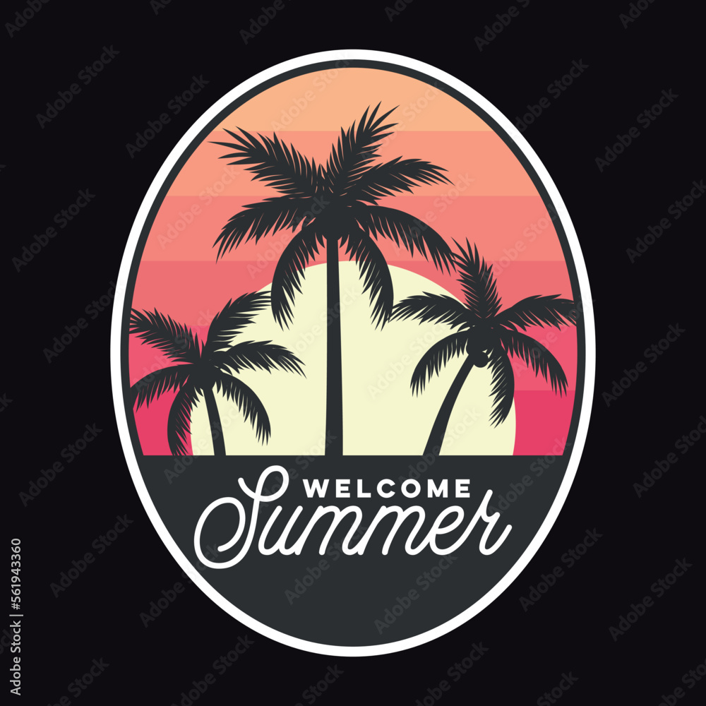Summer Surfing Sunset Beach Emblem Patch Logo Poster Label Vector Illustration Retro Vintage Badge Sticker And T-shirt Design