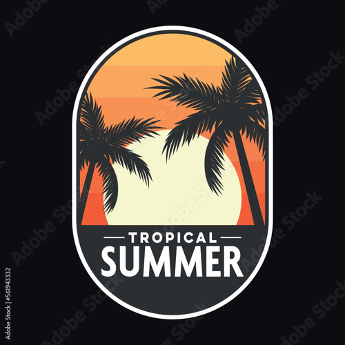 Summer Surfing Sunset Beach Emblem Patch Logo Poster Label Vector Illustration Retro Vintage Badge Sticker And T-shirt Design