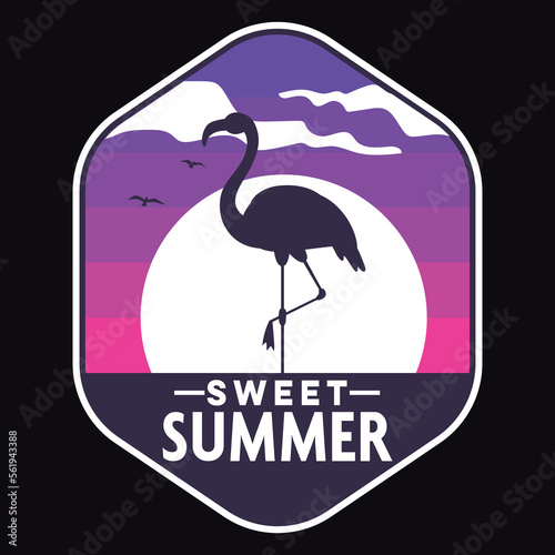 Summer Flamingo Sunset Beach Emblem Patch Logo Poster Label Vector Illustration Retro Vintage Badge Sticker And T-shirt Design