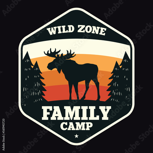 Mountain Hunting Moose Adventure Emblem Patch Logo Poster Label Vector Illustration Retro Vintage Badge Sticker And T-shirt Design