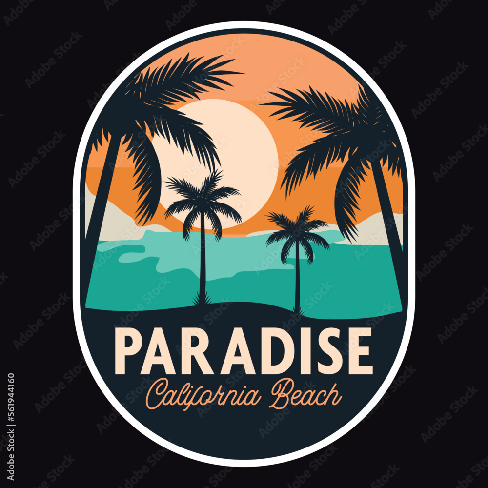 Naklejka premium Summer California Sunset Beach Emblem Patch Logo Poster Label Vector Illustration Retro Vintage Badge Sticker And T-shirt Design