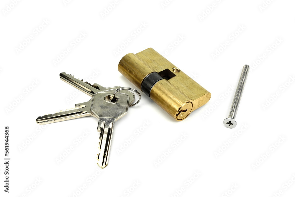 Pin tumbler of cylinder lock internal mechanism with keys on white background. New door lock with a bunch of keys on a white background. Pin tumbler of cylinder lock internal mechanism with keys on white background. New door lock with a bunch of keys on a white background.