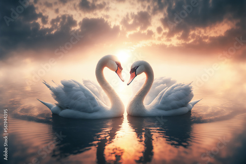 romantic image of two swans on the lake at sunset. Generative AI