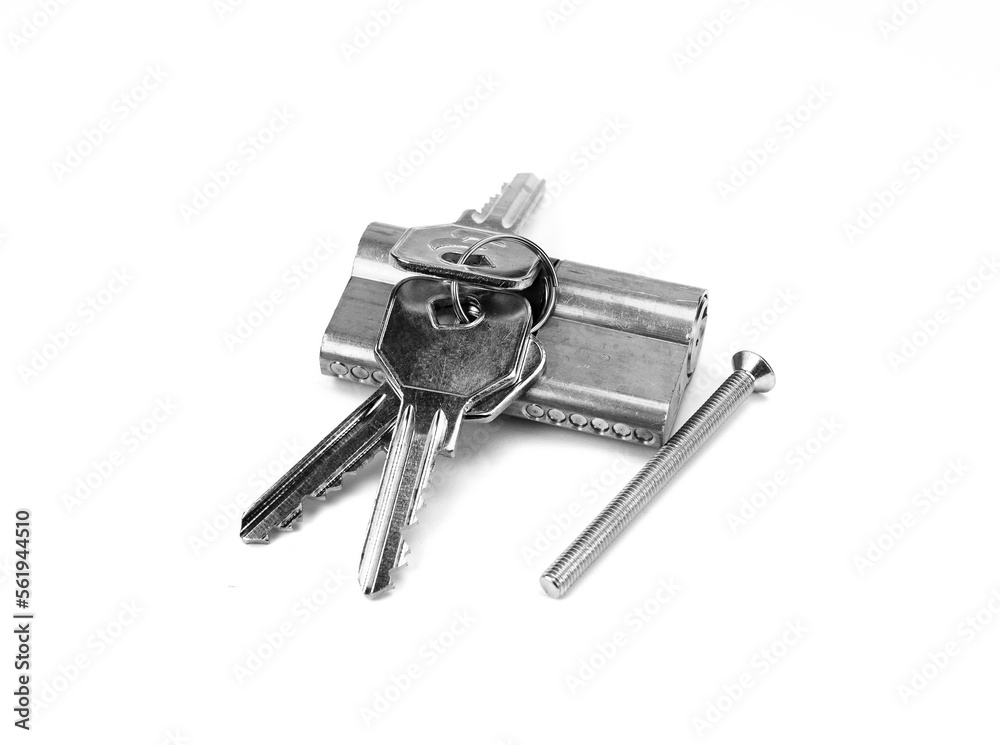 Pin tumbler of cylinder lock internal mechanism with keys on white background. New door lock with a bunch of keys on a white background. Pin tumbler of cylinder lock internal mechanism with keys on white background. New door lock with a bunch of keys on a white background.