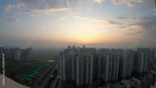 sunrise view of Noida with buildings time lapse 