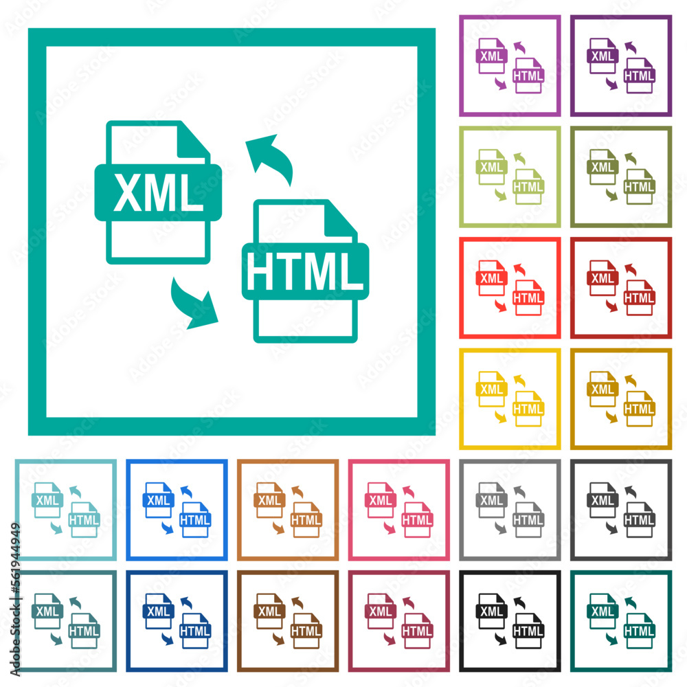 Fototapeta premium XML HTML file conversion flat color icons with quadrant frames