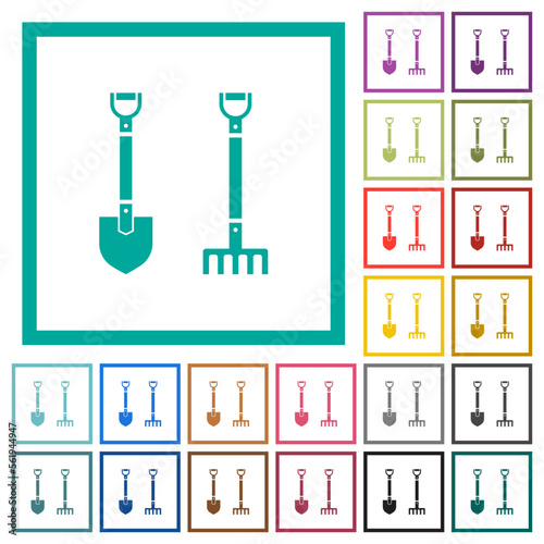 Shovel and rake flat color icons with quadrant frames