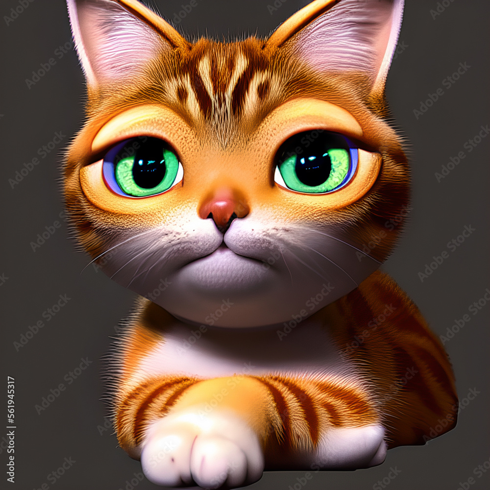 Digital computer  artwork cartoon rendering of cute ginger cat with big green eyes - generated AI