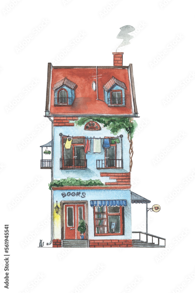 Watercolor cute old house with a book shop. Facade point of cartoon european building isolated on white. Architecture art.