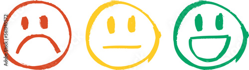Three faces, mood. Sad, indifferent and happy. Good, regular and bad. Rating, self-assessment. Individual performance. Service quality. Hand-drawn, vector. Green, yellow and red.