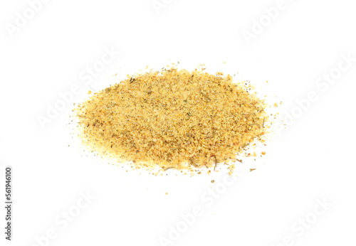 Grounded spice ingredient of dry mix vegetables isolated on white. tzatziki spices. A pile of a yellow spice mix. Spices consist dried dehydrated vegetables carrot paprika onion garlic parsnip parsley