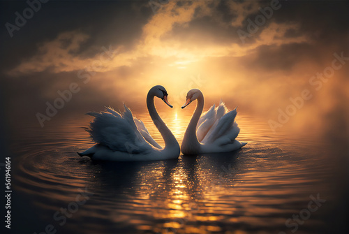 Fototapeta Naklejka Na Ścianę i Meble -  romantic image of two swans on the lake at sunset. Generative AI