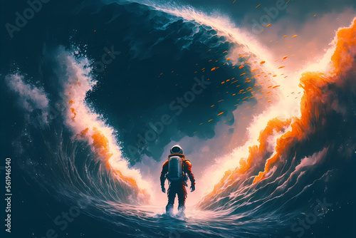 Astronaut standing in the midst of a huge wave that is rushing towards him, digital art style, generative ai