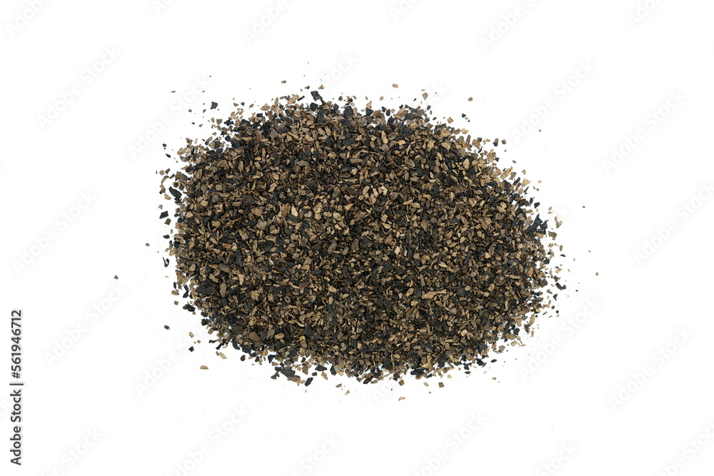 Dried and ground Trumpet Mushrooms isolated on white Background. Black chanterelle mushrooms powder spice. Aromatic mushroom dried spice. Dried and ground Trumpet Mushrooms isolated on white Background. Black chanterelle mushrooms powder spice. Aromatic mushroom dried spice.