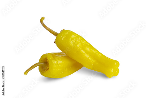 Two pickled yellow peppers, pepperoncini or friggitelli isolated on transparent background, PNG. Hot pepper marinated, brined. Traditional Italian and greek cuisine, ingredient for salad, pasta, sauce