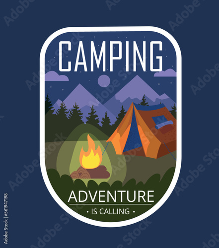 Wallpaper Mural Camping adventure logotype. Tent and campfire with text. Adventure and active lifestyle, tourism and travel, hiking. Rest outdoor, in forest. Poster or banner. Cartoon flat vector illustration Torontodigital.ca