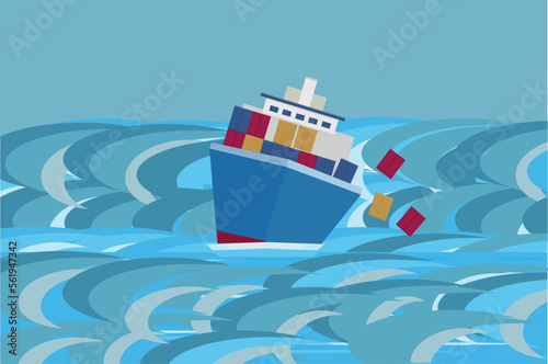 a cargo boat with containers in a storm in the ocean