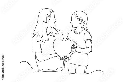 Continuous one line drawing Happy mother and daughter holding love. Raising teens concept. Single line draw design vector graphic illustration.