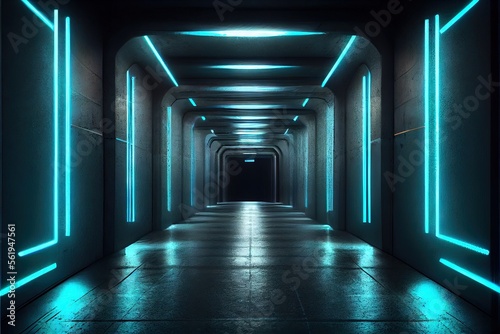 Neon Laser White Lights Hangar Garage Studio Rough Concrete Cement Asphalt Realistic Tunnel Corridor Hallway Showroom Warehouse Basement Spotlight Studio Underground. Generative AI © Дима Пучков