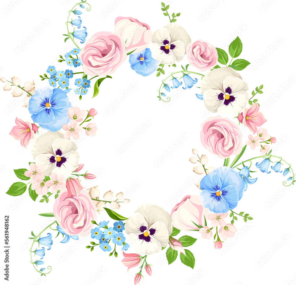 Floral wreath with pink, white, and blue lisianthus flowers, pansy flowers, bluebells, and forget-me-not flowers. Floral circle frame. Vector illustration