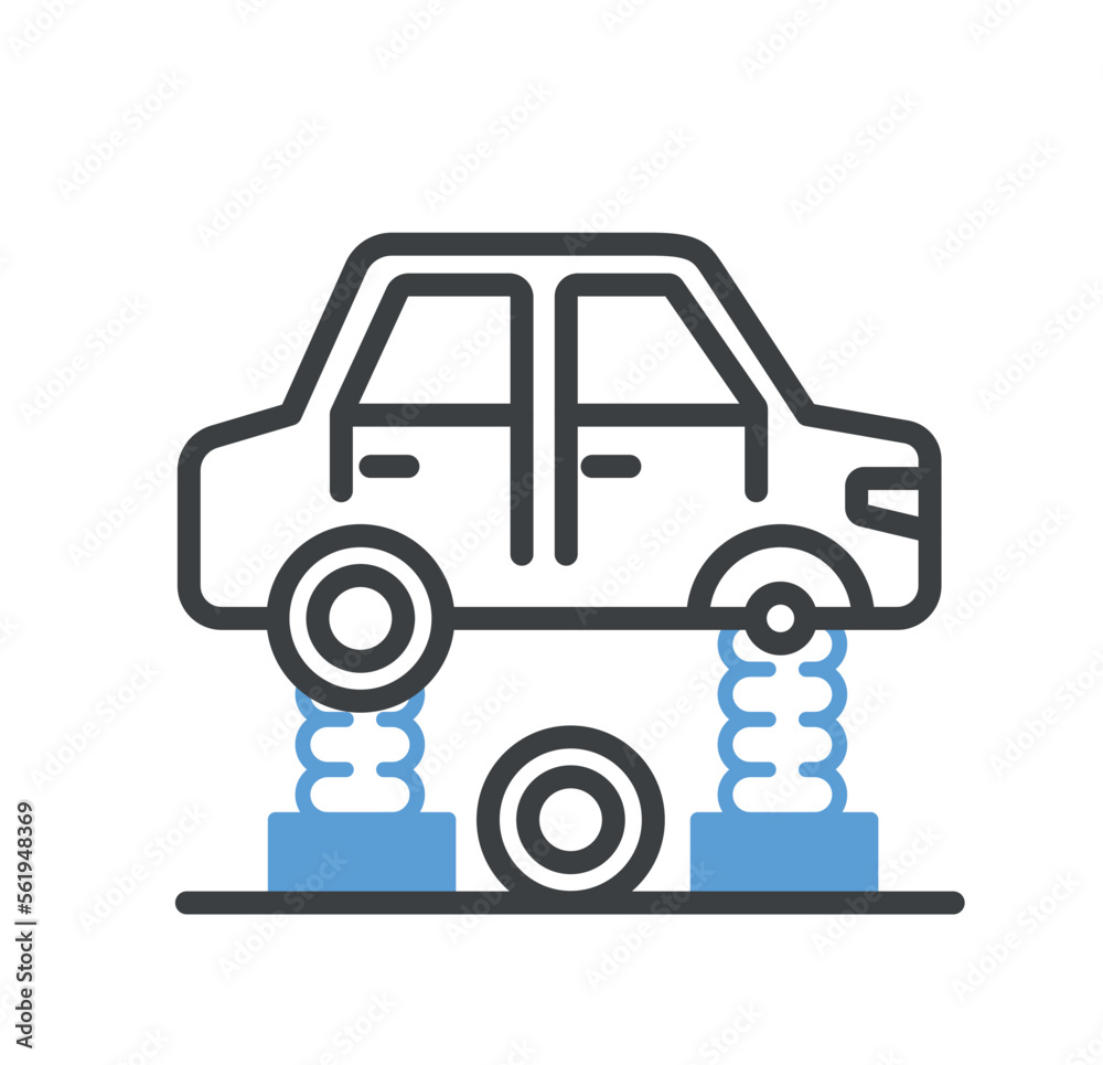 Car service doodle icon. Suspension car with removed wheel, repair. Template, layout and mock up. Transport, vehicle, wheel replaced. Travel and trip concept. Cartoon flat vector illustration Car service doodle icon. Suspension car with removed wheel, repair. Template, layout and mock up. Transport, vehicle, wheel replaced. Travel and trip concept. Cartoon flat vector illustration