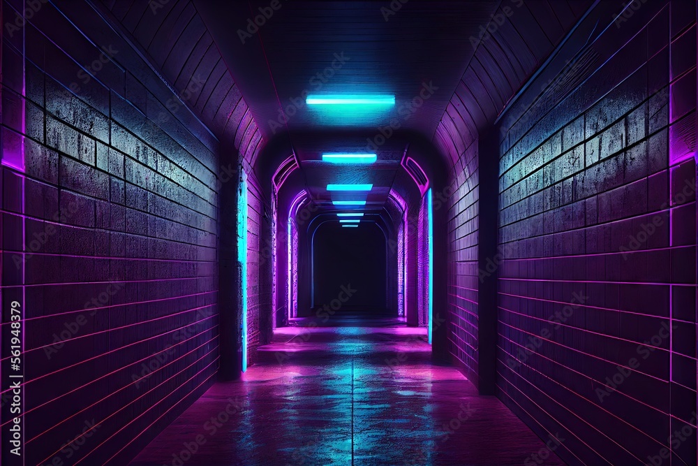 Neon Glowing Blue Purple Cyber Retro Sci Fi Futuristic Concrete Glossy Grunge Tunnel Underground Corridor Hallway Basement Hangar Showcase Showroom 3D Rendering. AI generated art illustration.	