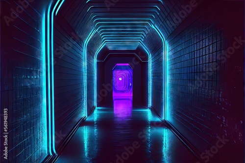 Neon Glowing Blue Purple Cyber Retro Sci Fi Futuristic Concrete Glossy Grunge Tunnel Underground Corridor Hallway Basement Hangar Showcase Showroom 3D Rendering. AI generated art illustration. 