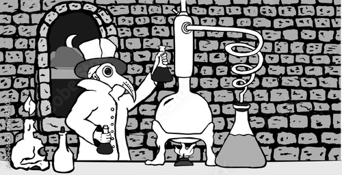 A plague doctor in a hat, raincoat and mask with beakers in his hands works in his alchemy laboratory with an alembic and a skull with a candle. 