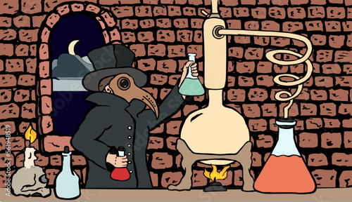 A plague doctor in a hat, raincoat and mask with beakers in his hands works in his laboratory with an alembic and a skull with a candle. It's night outside and the moon is shining.