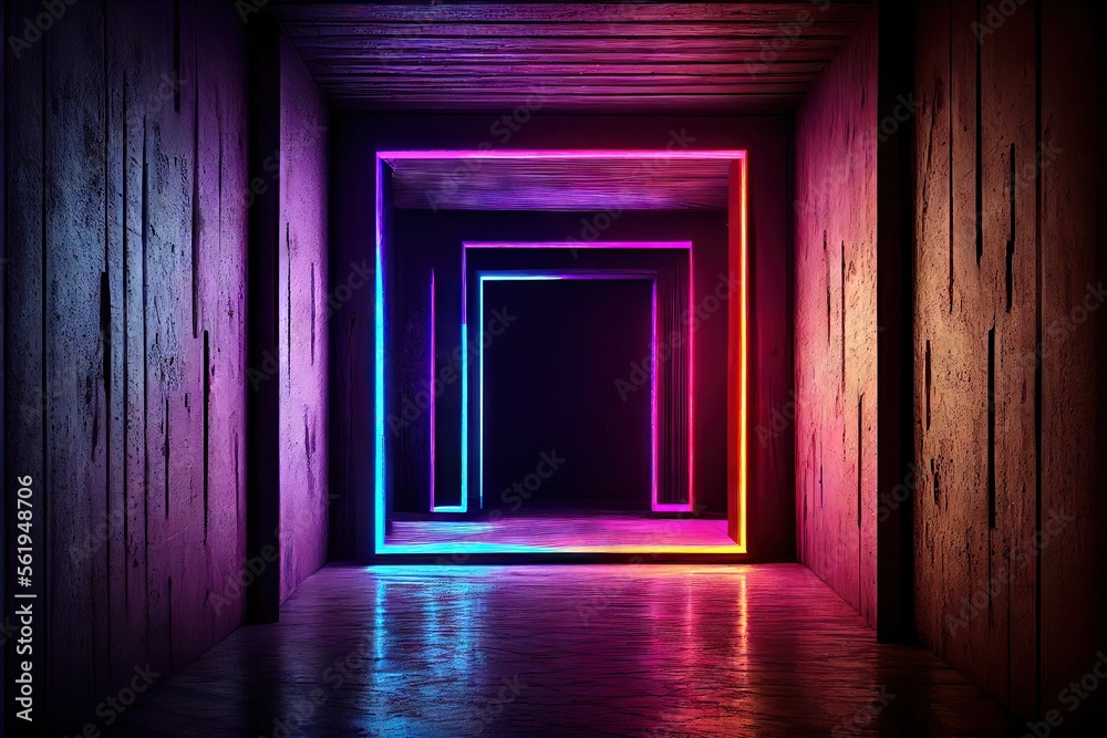 Fototapeta premium Neon Laser Cyber Purple Red Blue Square Frame Lights On Medieval Wood Grunge Tunnel Corridor Concrete Glossy Cement Floor Showroom Club Dark Stage 3D Rendering. AI generated art illustration. 